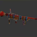 Unique Red Weapon With Blue Straps Metallic Components And Flared Front Structure