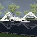 Modern Sleek Landscape Sculpture With Curved Design Water Reflection And Trees Under Blue Sky