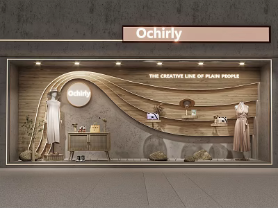 Ochirly Creative Line Store Window With Mannequins Dresses Wooden Wave Decor And Items 3d model