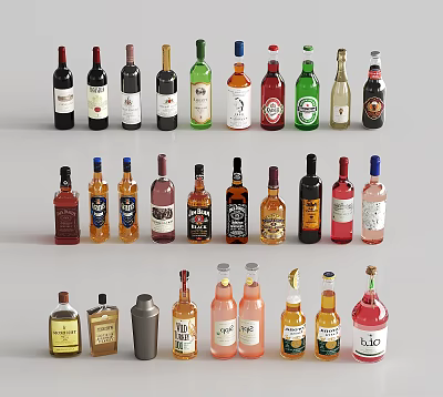 Various Wine Bottles And Glasses Display With Assorted Colors Shapes And Labels 3d model