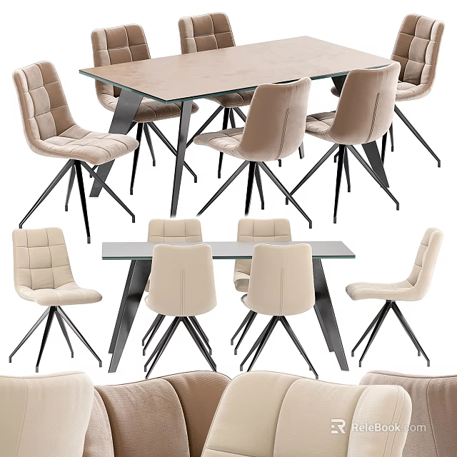 Modern Dining Table Set With Beige Upholstered Chairs Wooden Top And Metal Legs 3d model 