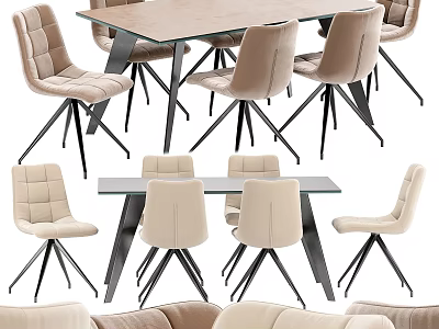 Modern Dining Table Set With Beige Upholstered Chairs Wooden Top And Metal Legs 3d model