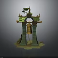 Traditional Asian Architectural Structure With Green Roof Golden Ornaments Bronze Bell And Tree Root Base