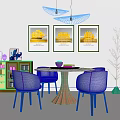 Modern Round Dining Table And Chairs Set With Framed Paintings And Hanging Chandelier