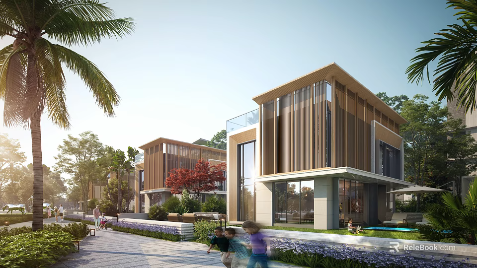 Modern Residential Landscape With Contemporary Houses Palm Trees Walkway Greenery And Swimming Pool 3d model 