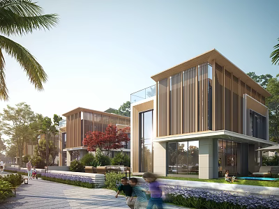 Modern Residential Landscape With Contemporary Houses Palm Trees Walkway Greenery And Swimming Pool 3d model