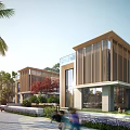 Modern Residential Landscape With Contemporary Houses Palm Trees Walkway Greenery And Swimming Pool