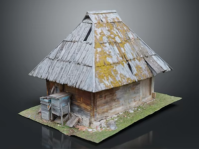 Traditional Wooden Cabin With Old Moss Covered Roof And Rustic Structure 3d model