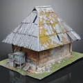 Traditional Wooden Cabin With Old Moss Covered Roof And Rustic Structure