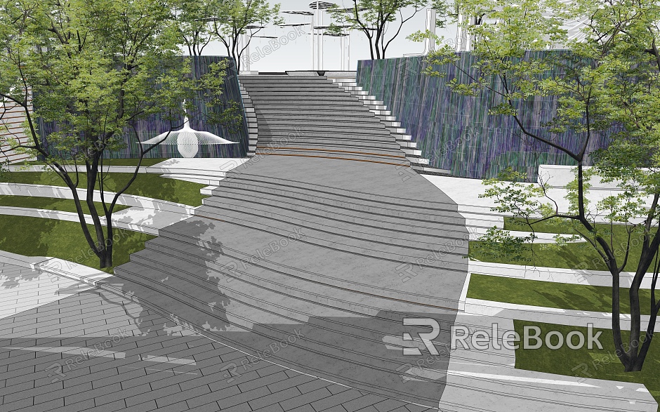 Modern Special-Shaped Steps Landscape Commercial Street Entrance Sinking Square Stairs Stacked Water Falling Waterscape Water Curtain Wall model