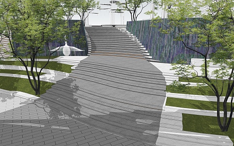 Modern Special-Shaped Steps Landscape Commercial Street Entrance Sinking Square Stairs Stacked Water Falling Waterscape Water Curtain Wall 3d model