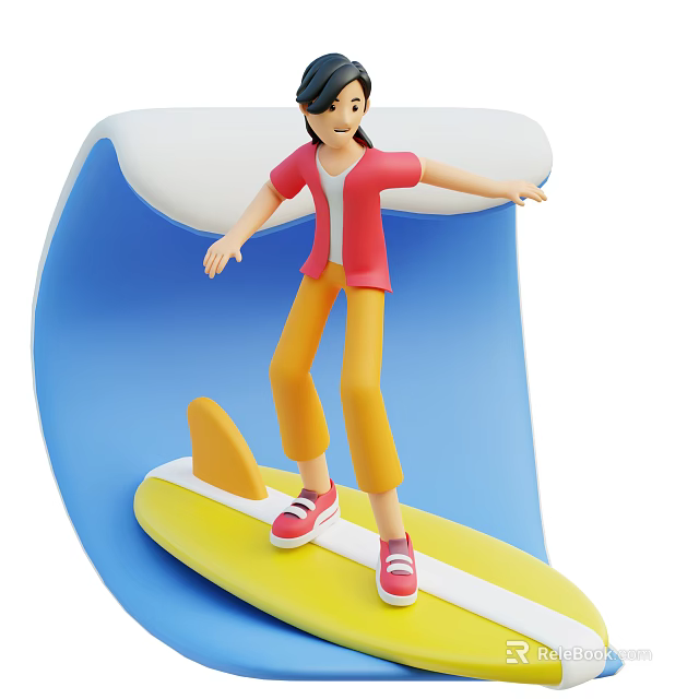 Woman In Red Shirt And Yellow Pants Surfing On Yellow Surfboard With Blue Wave 3d model 
