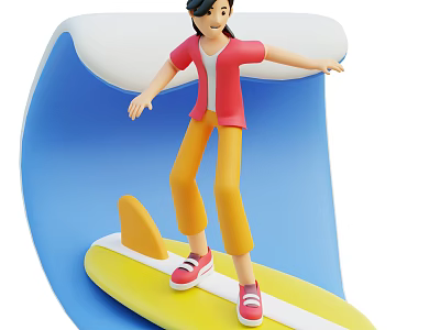 Woman In Red Shirt And Yellow Pants Surfing On Yellow Surfboard With Blue Wave 3d model