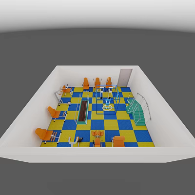 Colorful Indoor Kids Playroom With Blue Yellow Checkered Floor Orange Chairs And Play Equipment 3d model