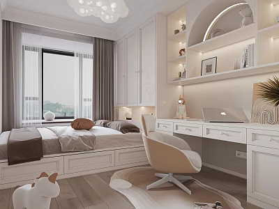 Modern Tatami Bedroom Interior With Window Curtains Desk Chair And Storage Cabinets 3d model