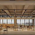 Modern Restaurant Interior Open Space With Wooden Tables Bookshelves And Hanging Lights