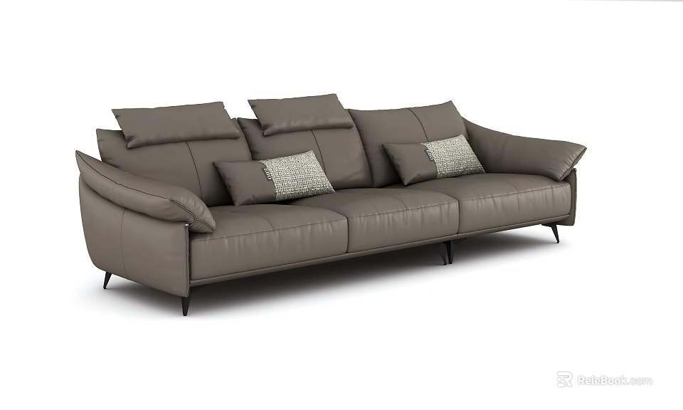 Gray Leather Three Seater Sofa with Decorative Patterned Pillows and Modern Black Legs 3d model