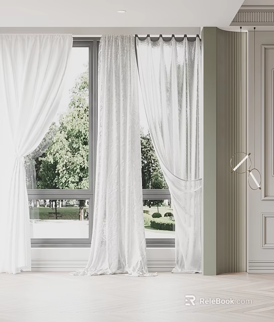 Elegant White Sheer Curtains With Heavy Drapes For Natural Light And Tree View Interior 3d model 