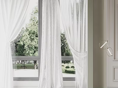 Elegant White Sheer Curtains With Heavy Drapes For Natural Light And Tree View Interior 3d model