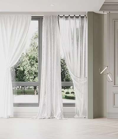 Elegant White Sheer Curtains With Heavy Drapes For Natural Light And Tree View Interior 3d model