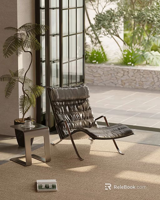 Indoor Leather Lounge Chair With Metal Frame By Window And Small Table With Plant 3d model 