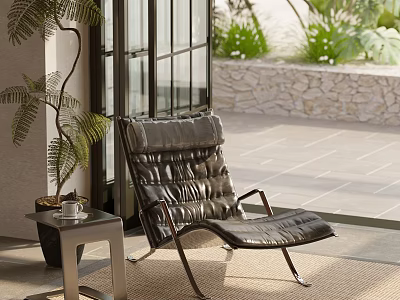 Indoor Leather Lounge Chair With Metal Frame By Window And Small Table With Plant 3d model