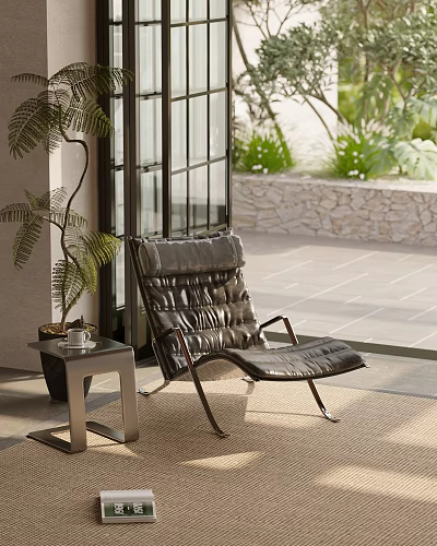 Indoor Leather Lounge Chair With Metal Frame By Window And Small Table With Plant 3d model