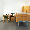 Simple Bedroom Interior With Wooden Bed Desk Chair Cabinet Plants Large Window And City View