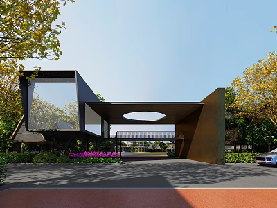 Modern Entrance Gate with Geometric Architectural Structure Surrounded by Trees and Flower Beds Driveway 3d model