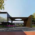 Modern Entrance Gate with Geometric Architectural Structure Surrounded by Trees and Flower Beds Driveway