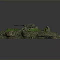 Military Tank Positioned on Circular Rocky Terrain with Green Vegetation in Central Area