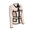 Stylish Beige Coat With Black Trim Decorative Buttons Pockets And Long Sleeves