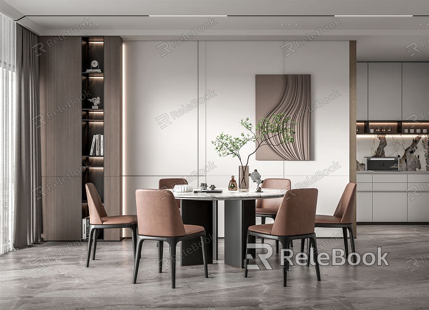 Modern Restaurant Round Table Dining Table and Chair West Kitchen Cabinet Wall Decorations Green Plant Vase Ornaments model