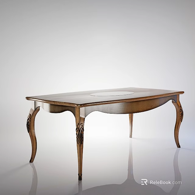 Elegant Wooden Desk With Carved Legs Rectangular Top And Circular Center 3d model