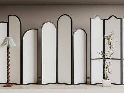 Modern Minimalist Screens In Varied Shapes With Floor Lamp And Plant 3d model