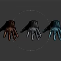 Three Different Colored Metallic Gloves in Brown Silver and Blue with Reflective Dark Background