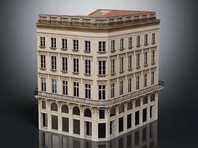 Classical Multi Story Building With Stone Facade Arched Windows And Red Roof 3d model