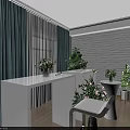 Modern Interior Design With Blue Curtains White Brick Wall Bar Counter And Green Plants