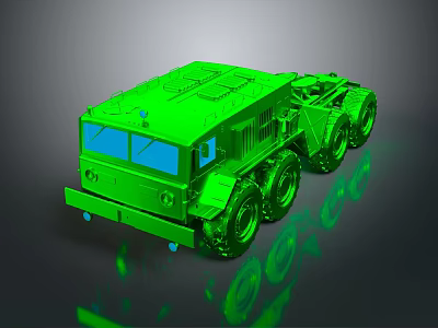 Green Military Truck Model 3D Rendered With Multiple Wheels Blue Windshield Dark Background And Reflection 3d model