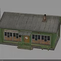 Small Green Building Model With Gray Roof Chimney Yellow Door And Windows