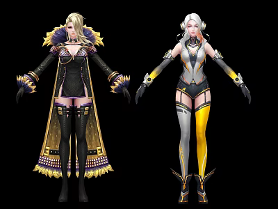Two Game Movie Characters With Black Gold Robe Silver Yellow Armor And Blonde White Hair 3d model
