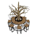 Wooden Round Bar Counter With Tree Trunk Decor Hanging Bulbs And Stools