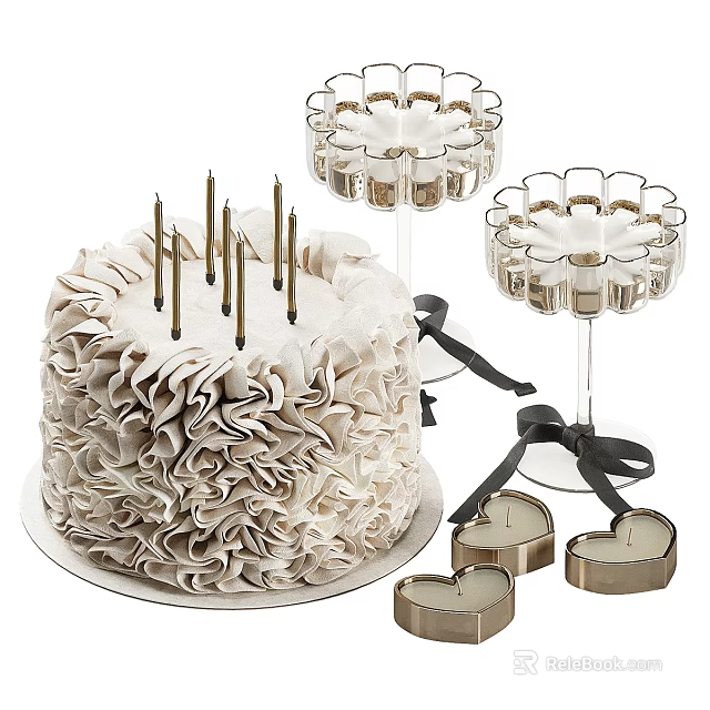 Elegant Ruffled Cream Cake With Golden Candles And Heart Shaped Candles On Glass Holders 3d model 