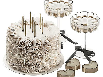Elegant Ruffled Cream Cake With Golden Candles And Heart Shaped Candles On Glass Holders 3d model