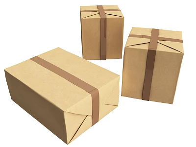 Set Of Three Brown Kraft Cardboard Boxes Tied With Cross Straps 3d model