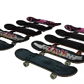 Multiple Skateboards With Various Graphic Patterns Including Gear And Wave Designs