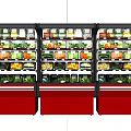 Open Display Refrigerators With Red Bases Featuring Neatly Arranged Packaged Vegetables And Fruits