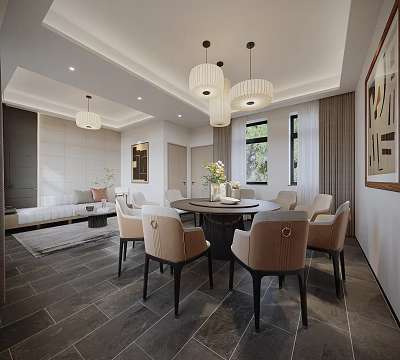 Private Dining Room With Modern Decor Round Table Chairs And Sofa 3d model