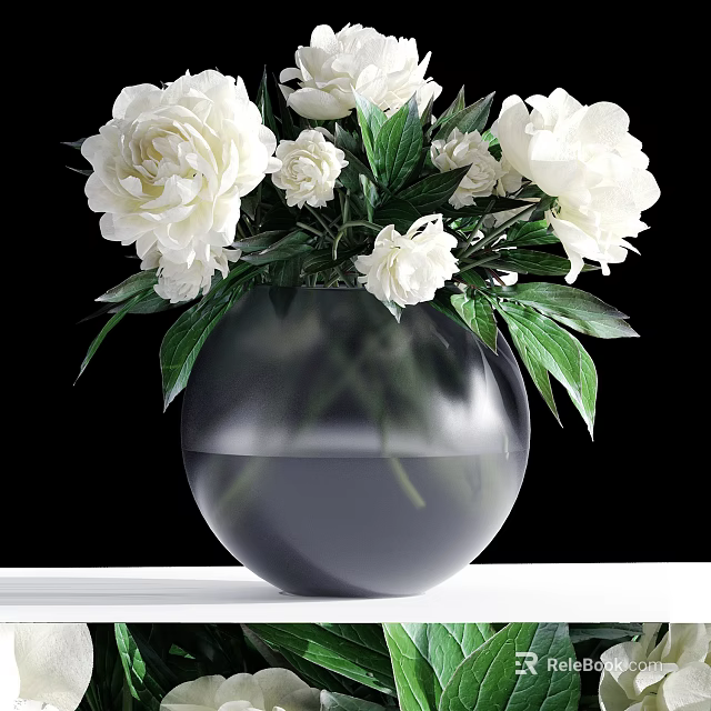 Transparent Spherical Vase with White Flowers and Green Leaves on White Tabletop against Black Background 3d model 