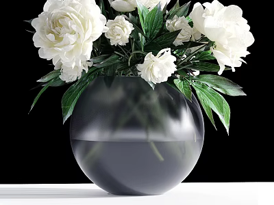 Transparent Spherical Vase with White Flowers and Green Leaves on White Tabletop against Black Background 3d model